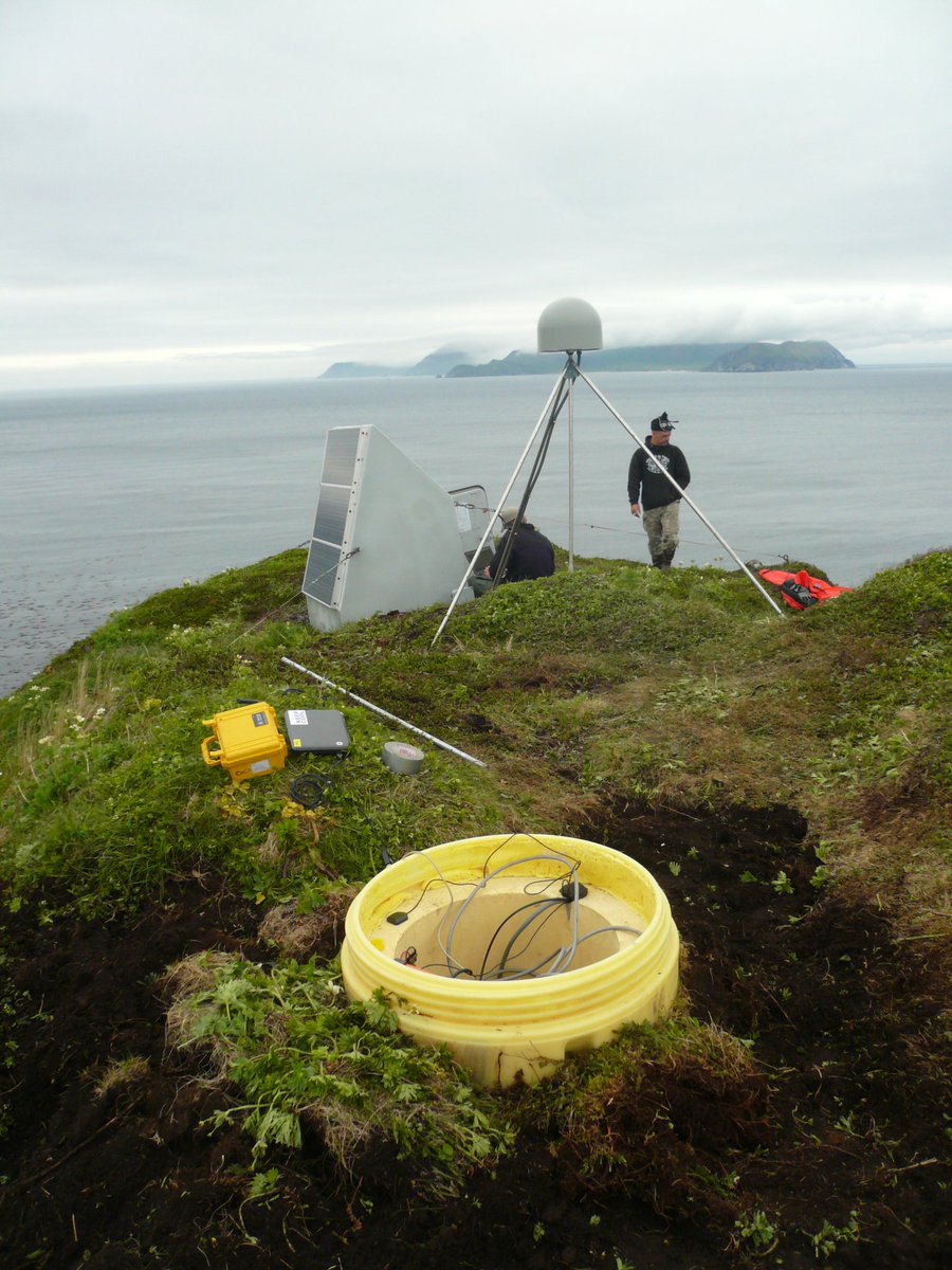 Stations in the Aleutians are difficult, not only to get to, but also to power and retrieve the data. Below you can see (left to right) a typical station schematic, a pic of the CHN hut with mounted solar panels, and the ~20 solar rechargeable batteries inside. 2/4