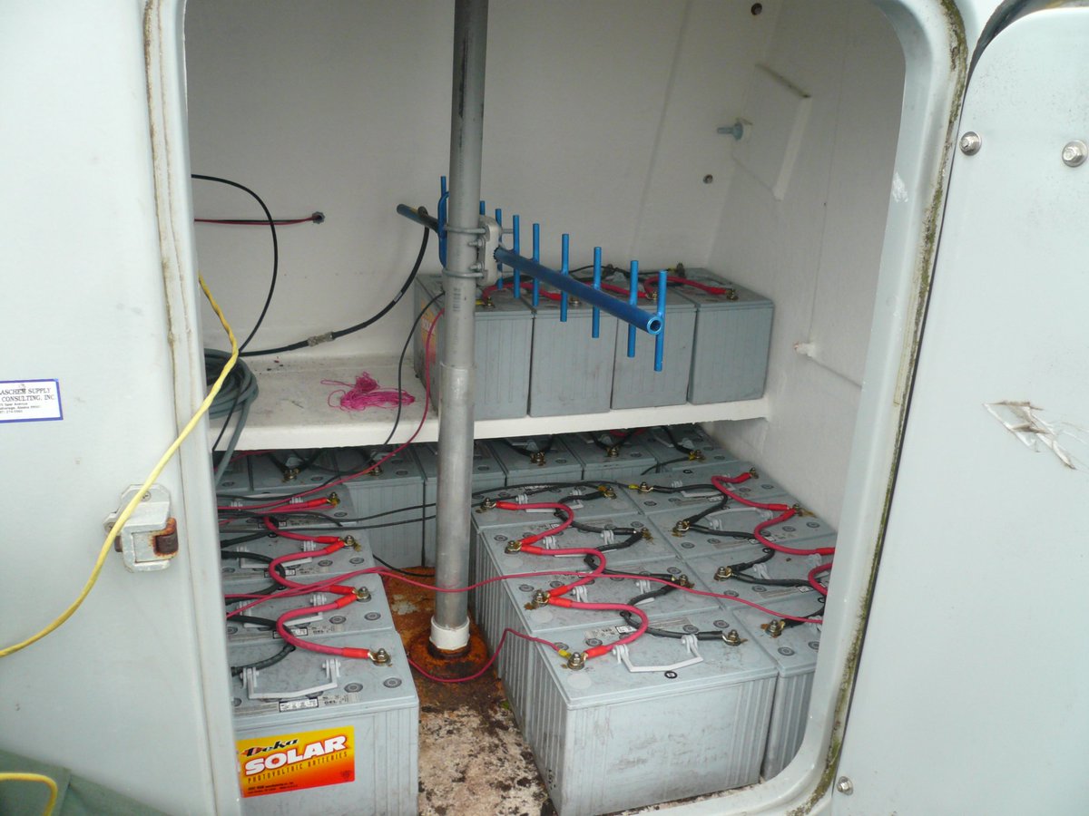 Stations in the Aleutians are difficult, not only to get to, but also to power and retrieve the data. Below you can see (left to right) a typical station schematic, a pic of the CHN hut with mounted solar panels, and the ~20 solar rechargeable batteries inside. 2/4