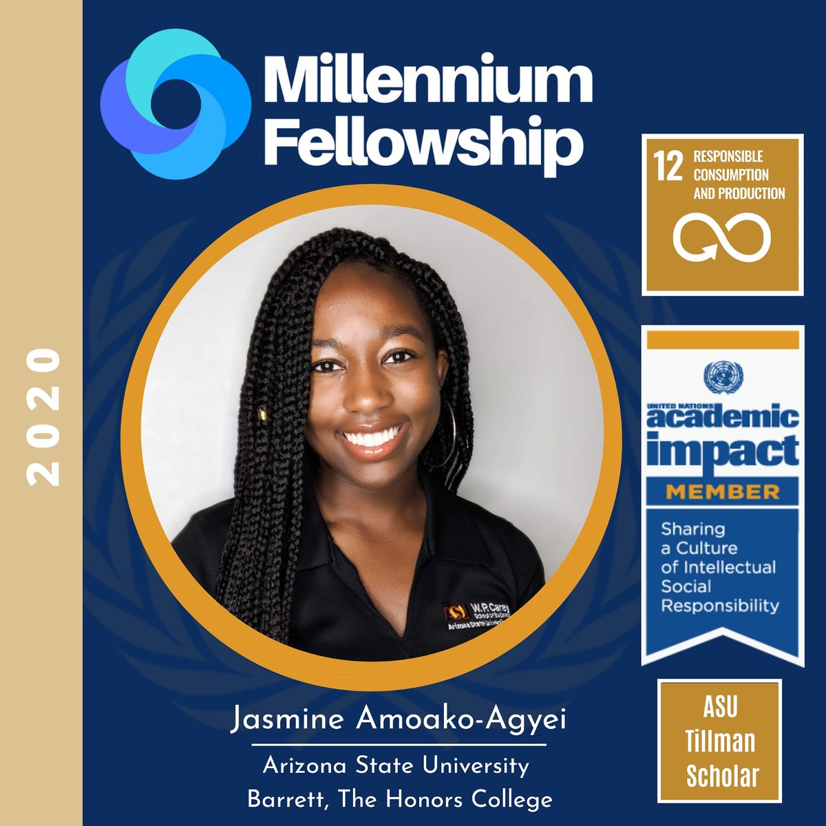 Erika_Amoako's tweet photo. #UnitedNations recognition: Congratulations Jasmine Amoako-Agyei! @amoakojasmine  We are thrilled that you have been selected as a UN Millennium Fellow for the Class of 2020. UN Academic Impact present #MillenniumFellowship to elevate undergraduate leaders creating social impact. https://t.co/ObJ1jAfkbS