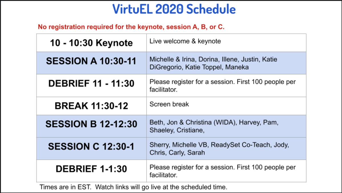 What sessions are you attending today??  Check them all out and get the links at bit.ly/VirtuEL
Use #VirtuEL to share what you're learning!  

#ELLs #ESOL #ESL #Ellchat