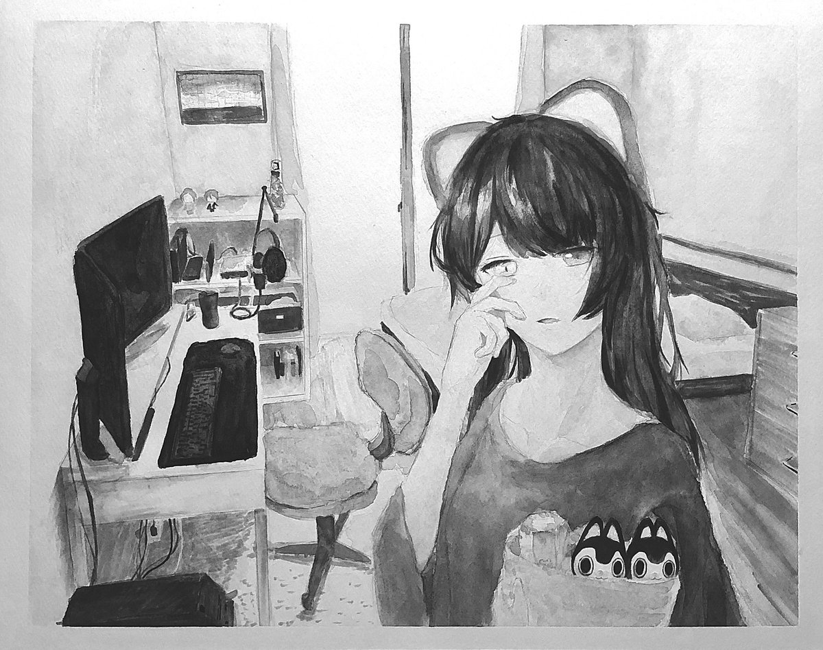 絵をモノクロにするとかっこいい 透明水彩を白黒で見るのなんか新鮮 格子城 雑多の漫画