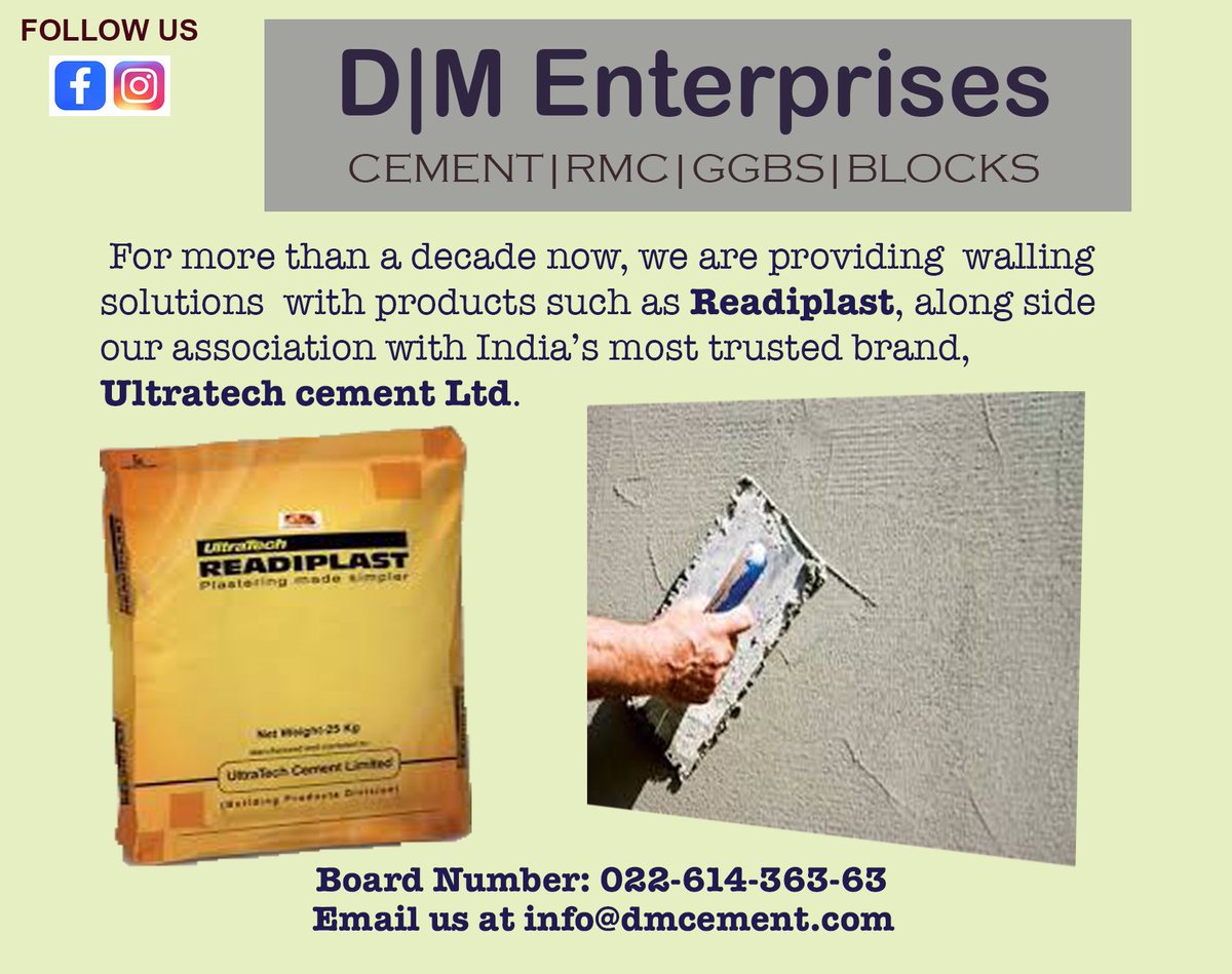 dmcement's tweet photo. D M Enterprises providing walling solutions Ultratevh Readiplast.

#ultratech #ultratechreadiplast #ultratechbuilding #ultratechbuildingsolutions #bonding #adhesives #bondingagents #dealercement https://t.co/NxkiEudoVO