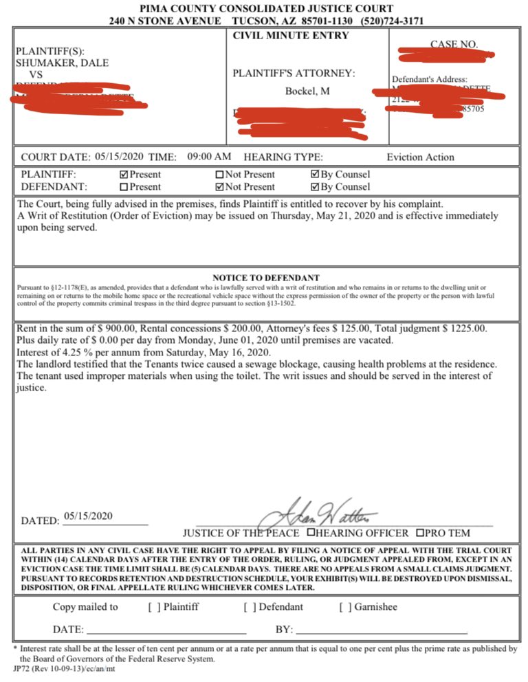 QContinuumJudge's tweet photo. @PHXTenantsUnion @AZCourts @ArizonaLawJAC @AthenaSalman @SenatorSinema @AndresCanoAZ Presiding Judge Adam Waters in Pima County is evicting people “in the interest of justice” for blocking a toilet. When he writes these this way, I’ve been told he is trying to bypass the Executive Order and deny people due process. https://t.co/gDZP0vLSfZ