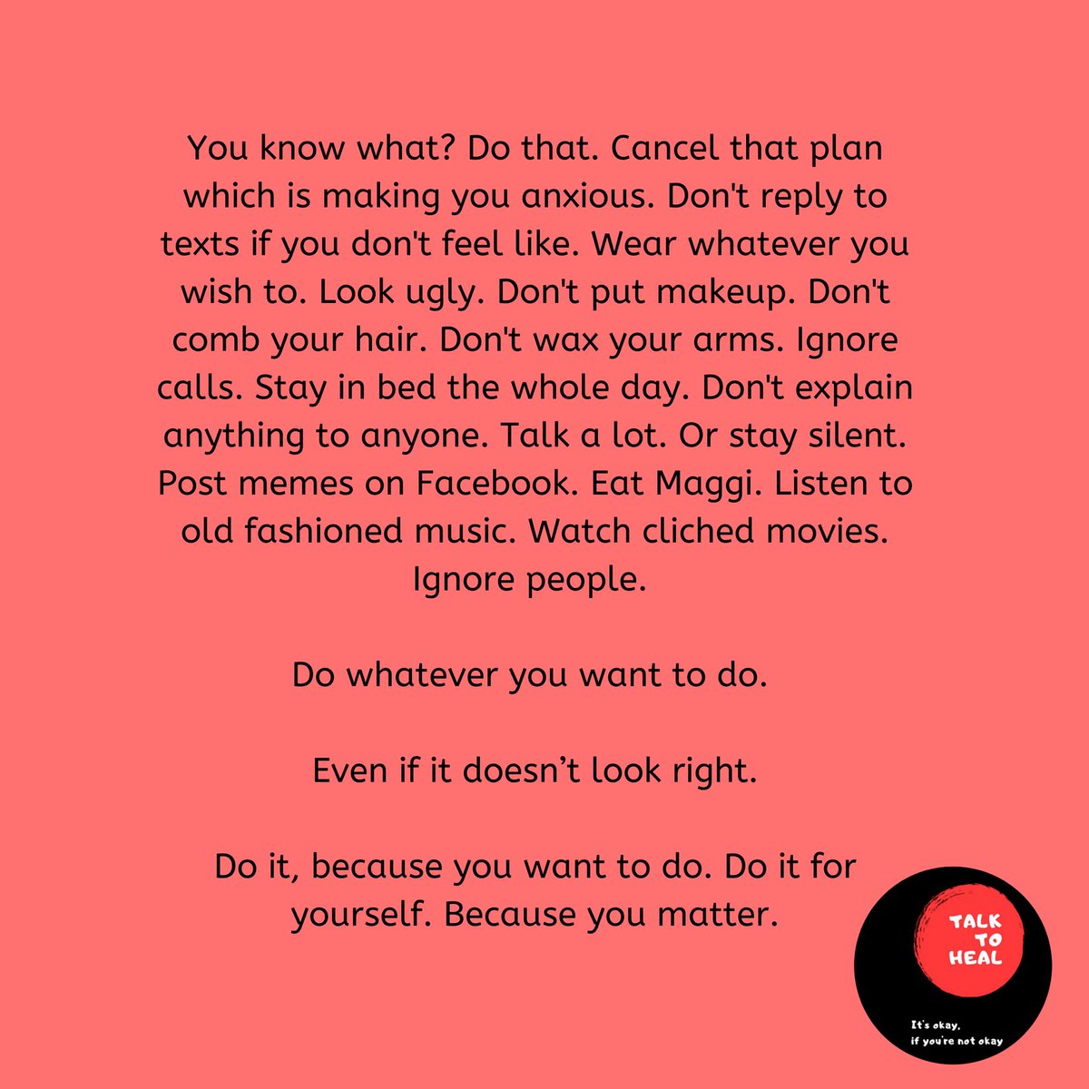 talk2heal's tweet photo. Prioritise yourself.

#MentalHealthMatters #youmatter #talktoheal https://t.co/lh7QmFSBX7