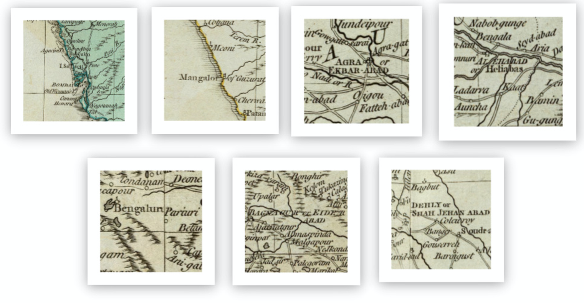 mapsbysagar's tweet photo. Made a snapshot of some of the place names from a 1768 map of India by Robert Sayer. One can see Bandora (Bandra) north of Bassein (Vasai), Mangrol written as Mangalor (in Gujarat), Agra as Ekbarabad (Akbarabad), Allahabad as Heliabas, Bangalore as Bengaluru https://t.co/2eWu9ghVve