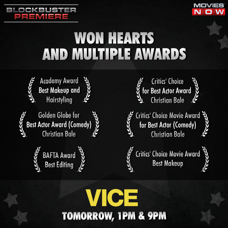 moviesnowtv's tweet photo. Pride is vice but Vice should be proud. Tune in tomorrow at 1 and 9 PM to watch #Vice, only on Movies Now. #BlockbusterPremiere
#AwardsWon #Cinematography #GoldClassMovie https://t.co/rPSztOyA5C