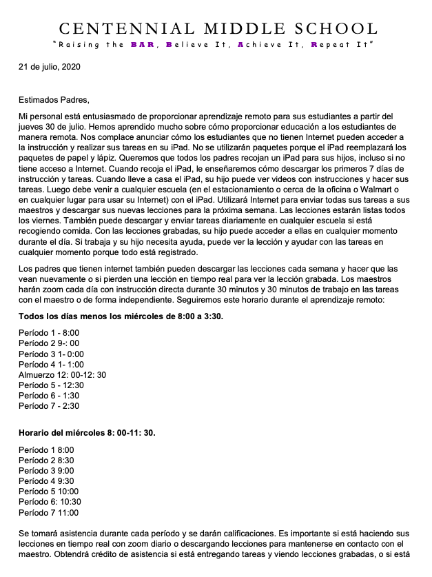 CtMSYumaAz's tweet photo. It's an exciting time around our campus as our staff has been busy preparing our first few weeks of distance learning materials and prepping their virtual classrooms! Attached is a letter from Mrs. Coffeen outlining the iPad pick up dates and our daily Zoom times #WhyCTMS https://t.co/PL0ahuEPwL