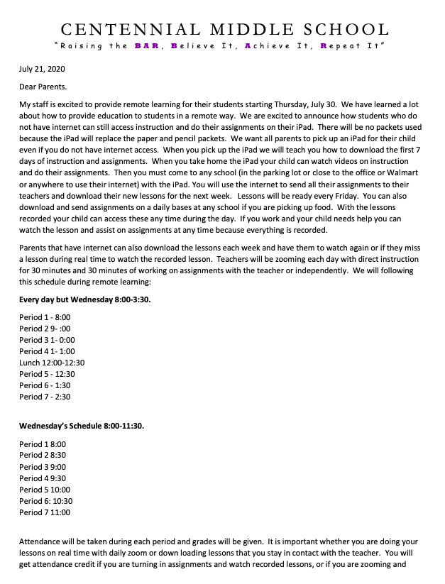 CtMSYumaAz's tweet photo. It's an exciting time around our campus as our staff has been busy preparing our first few weeks of distance learning materials and prepping their virtual classrooms! Attached is a letter from Mrs. Coffeen outlining the iPad pick up dates and our daily Zoom times #WhyCTMS https://t.co/PL0ahuEPwL