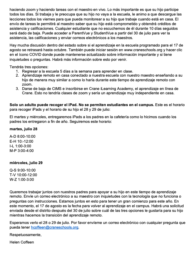 CtMSYumaAz's tweet photo. It's an exciting time around our campus as our staff has been busy preparing our first few weeks of distance learning materials and prepping their virtual classrooms! Attached is a letter from Mrs. Coffeen outlining the iPad pick up dates and our daily Zoom times #WhyCTMS https://t.co/PL0ahuEPwL