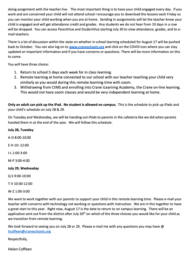 CtMSYumaAz's tweet photo. It's an exciting time around our campus as our staff has been busy preparing our first few weeks of distance learning materials and prepping their virtual classrooms! Attached is a letter from Mrs. Coffeen outlining the iPad pick up dates and our daily Zoom times #WhyCTMS https://t.co/PL0ahuEPwL