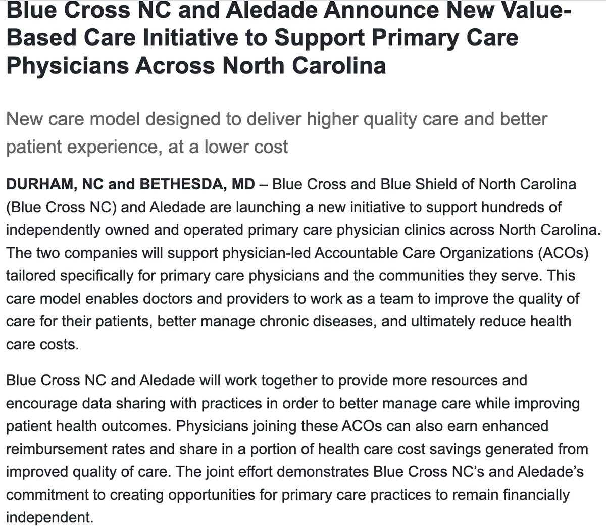 9/ In 2019  @BlueCrossNC chose  @AledadeACO as their partner to help independent practices move to value across all product linesThey offered the practices a good contract, we worked together to identify the first set of target practices- within 6 weeks 80% of them signed up!