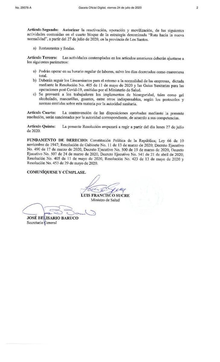 Publican resolución No. 672 que autoriza la reactivación de algunas actividades en Los Santos, Herrera y Coclé a partir del 27 de julio.