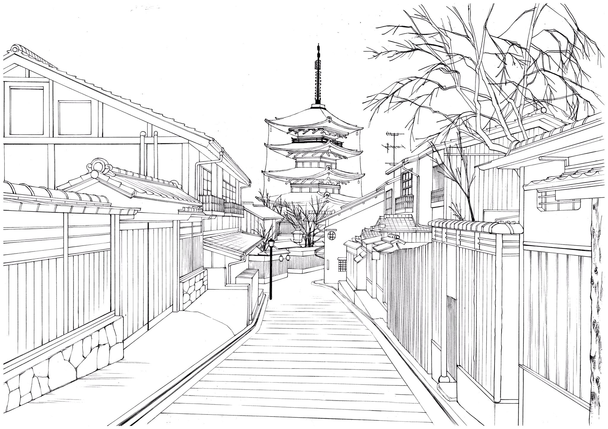 雨川みう トレースなしの書き起こしで趣味絵の線画です ここから色を塗っていくのですが お寺の細部がよくわからないのが心残り 春夏秋冬の4つの色塗りを予定してます はてさてどれぐらいかかるやら でも楽しい 京都 風景 イラスト