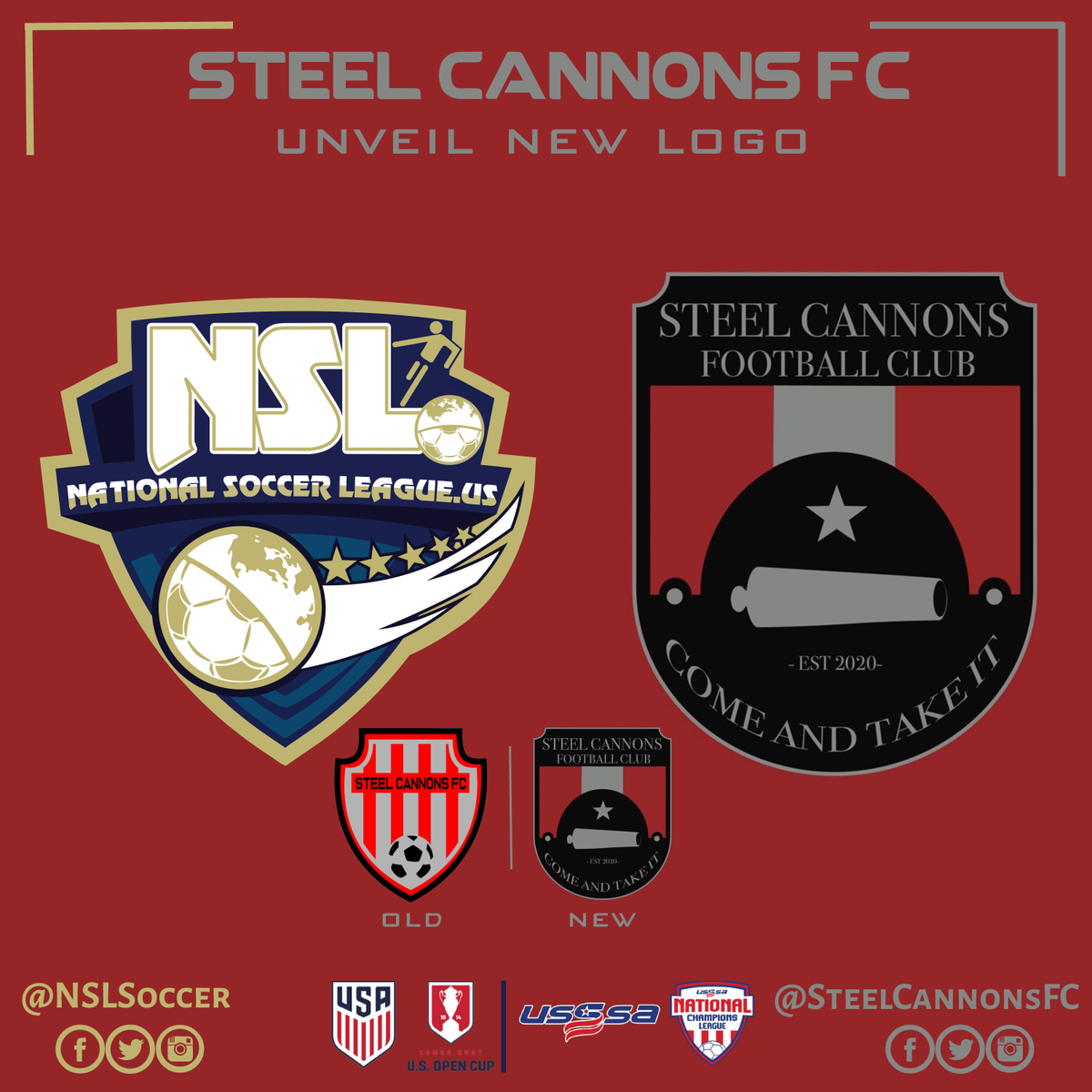NSL News
National Soccer League US
NSL Texas Premier Division

Steel Cannons FC reveals new logo!!! 
OUR CITY, OUR HISTORY, OUR BRAND. COME AND TAKE IT! #REMAKEHISTORY #STEELTHESHOW
#SCFCTILLIDIE

@NSLSoccerLeague 
@NSLSoccer 
@NSLPremier 
@NSLTX 
@cannons_fc 
#NSLSoccer