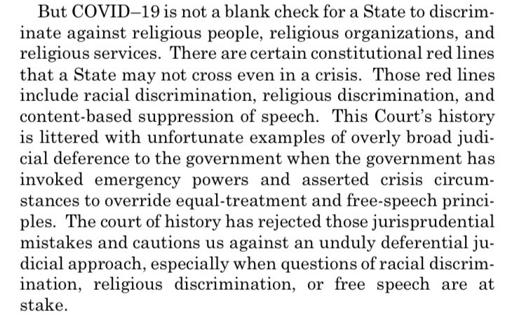 Justices Alito, Gorsuch, and Kavanaugh all wrote dissents from tonight’s 5–4 decision turning away a church’s challenge to Nevada’s COVID restrictions, an unusual move in the denial of an emergency application. They’re mad. Here’s a snippet of Kavanaugh’s.  https://www.supremecourt.gov/opinions/19pdf/19a1070_08l1.pdf#page=12%23page=13