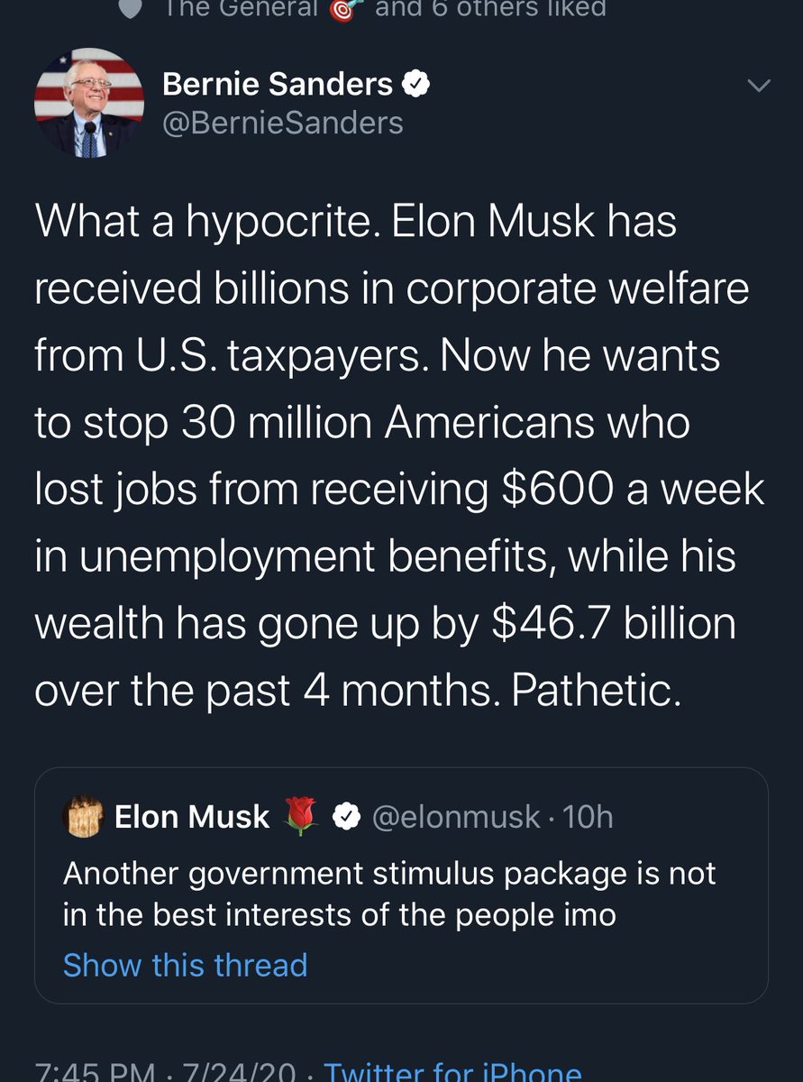BlueSteelDC's tweet photo. @elonmusk I am so mad at you. 

How dare you make me agree w/ Bernie Sanders. 

You had too many loans for this take. 
And the individual car subsidies- all I defended.

And we have a once  in a lifetime issue hit to the economy that can eventually drag your sales down too. https://t.co/2p7Rm0JOKB