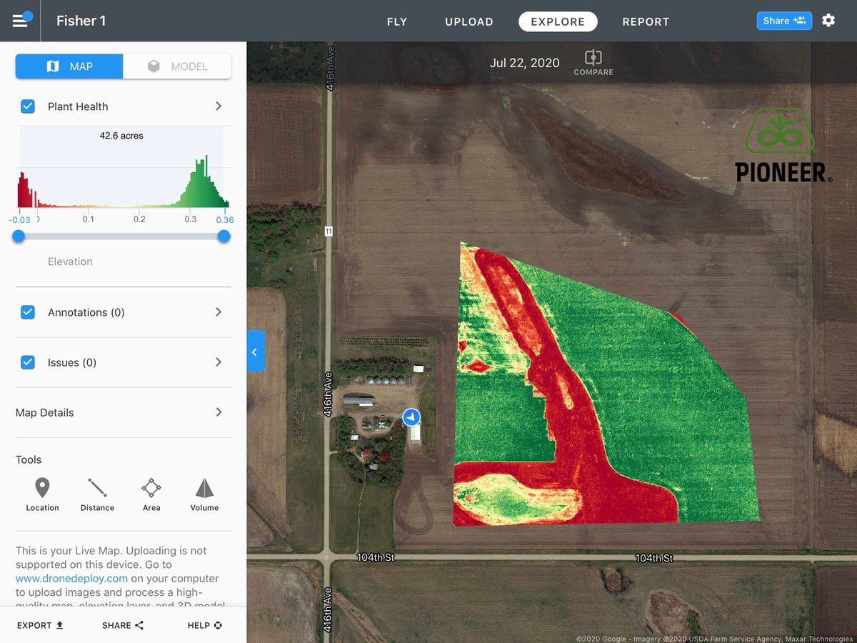 CountyLineSeed's tweet photo. A little different #FieldCheckFriday this week. Flew this on Wednesday, big drown out area in the middle. Very healthy otherwise but NW corner. Herbicide carryover/damage is the diagnosis. Our drone is a great tool for assessing fields. Feel free to reach out to Carter! https://t.co/1VpaxeZuFf
