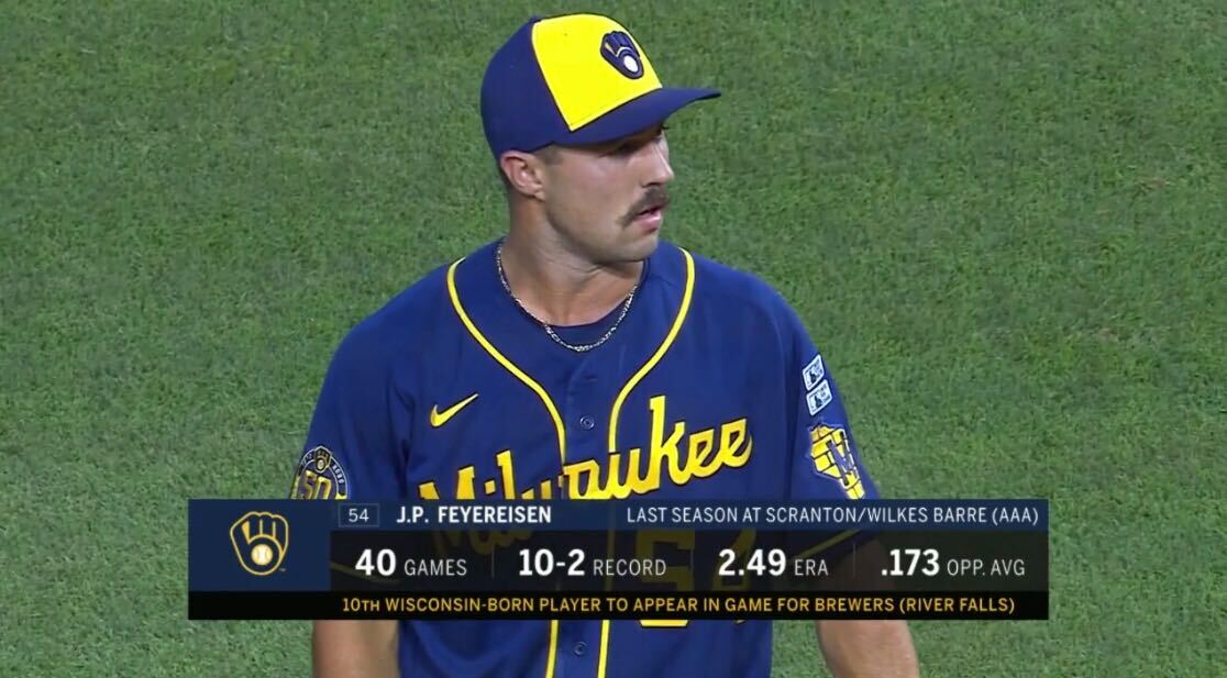 19,695th player in MLB history: J.P. Feyereisen- 16th round pick in 2014 by CLE out of D-III (!!!) Wisconsin-Stevens Point- traded to NYY in 2016 as part of the Andrew Miller deal- 3.12 ERA in 164.2 IP w/ 195 Ks at AAA, but never called up- traded to Brewers in Sept. 2019