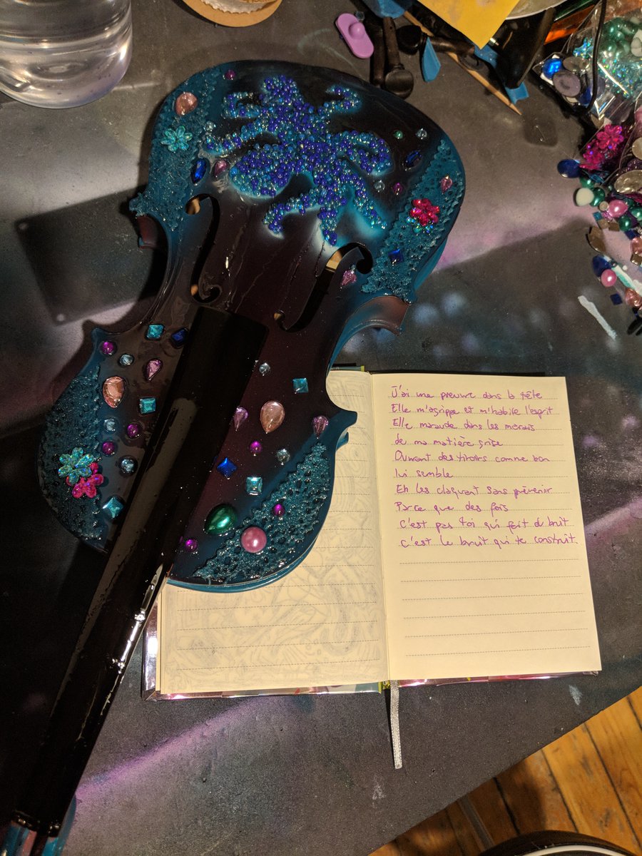 By then, I knew this wasn't gonna look like a distinguished work of art as per institutional standards, so the violin took the ramp drifting at high speeds onto the kawaii dollar store plastic vernacular highway. Poem in French about a squid in my head for scale.