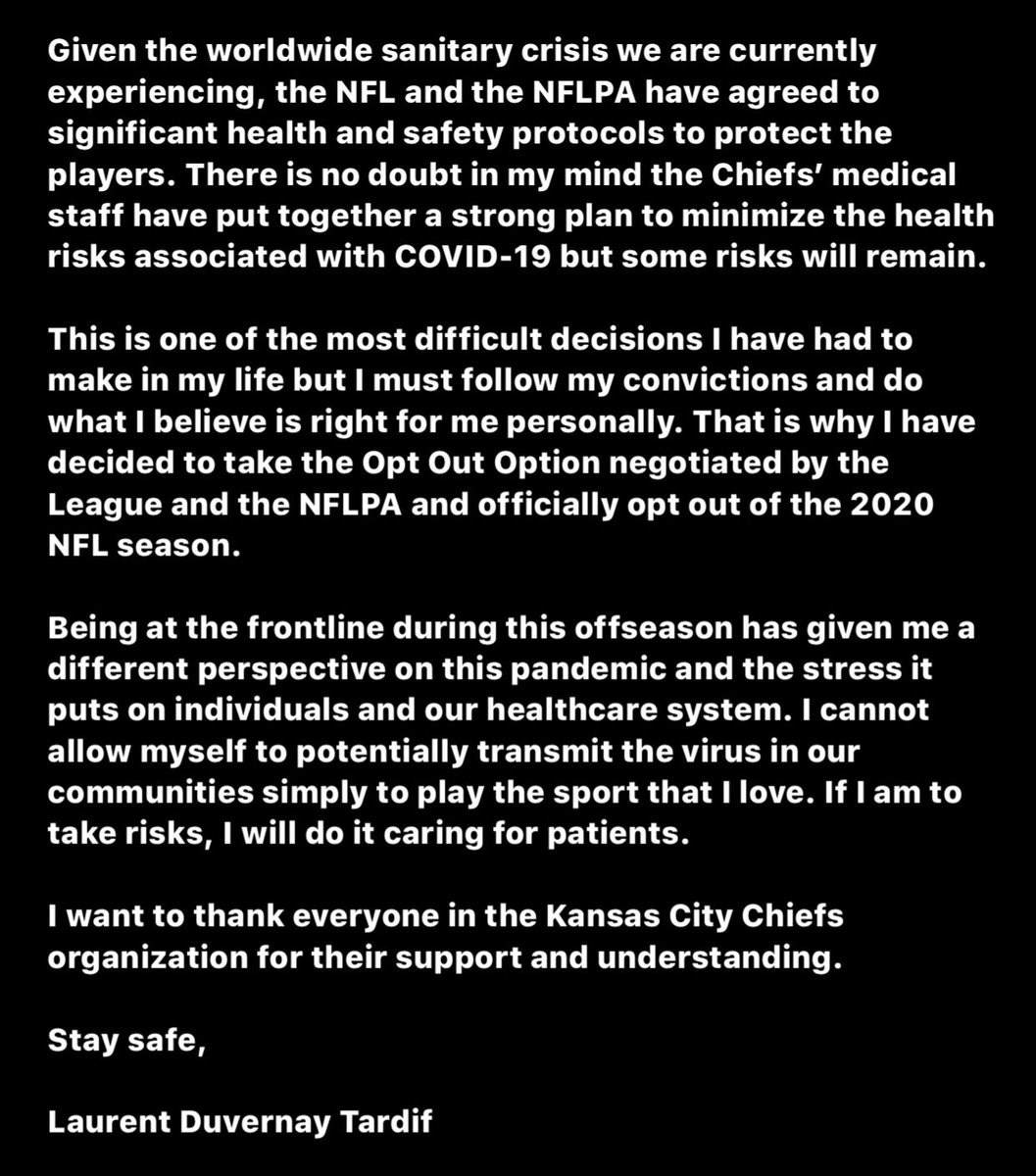 “This is one of the most difficult decisions I have had to make in my life but I must follow my convictions”

Chiefs RG Laurent D. Tardif is the first NFL player that is opting out of his contract due to COVID-19. Tardif will continue to help fight COVID as an orderly in Canada