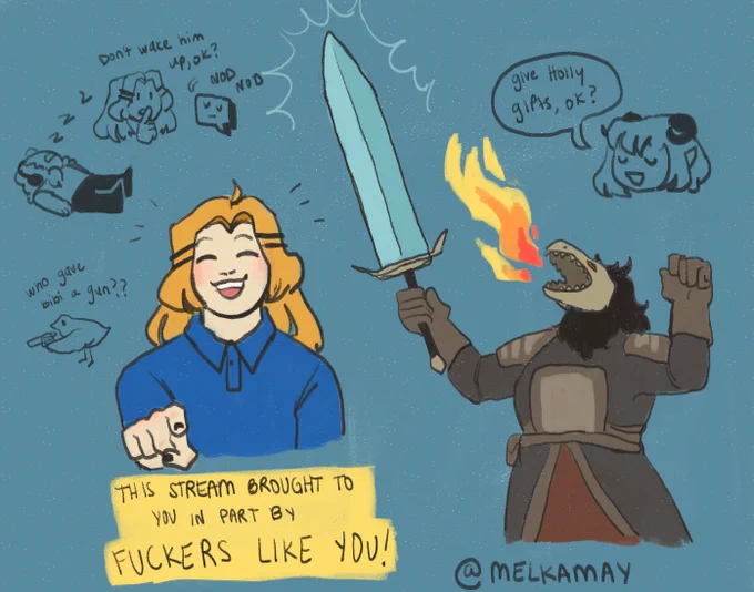 finally did fan art of @hp_hollowtones bc i love her streams so much. i love dragon women and huge cool swords with beams so this stream appealed to me SO directly. ft wayne and mira (also bibi) 