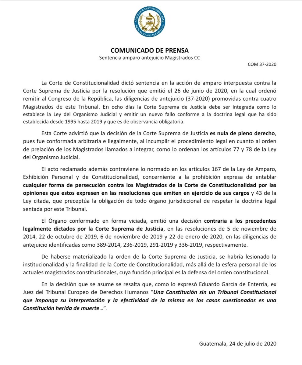 CC_Guatemala's tweet photo. La transgresión a los principios de juez natural y de independencia de la justicia constitucional realizada por la ilegalmente integrada CSJ, en resolución de 26 de junio de 2020, vulnera la función esencial de la Corte de Constitucionalidad como garante del orden constitucional. https://t.co/O1IbfPOe3x