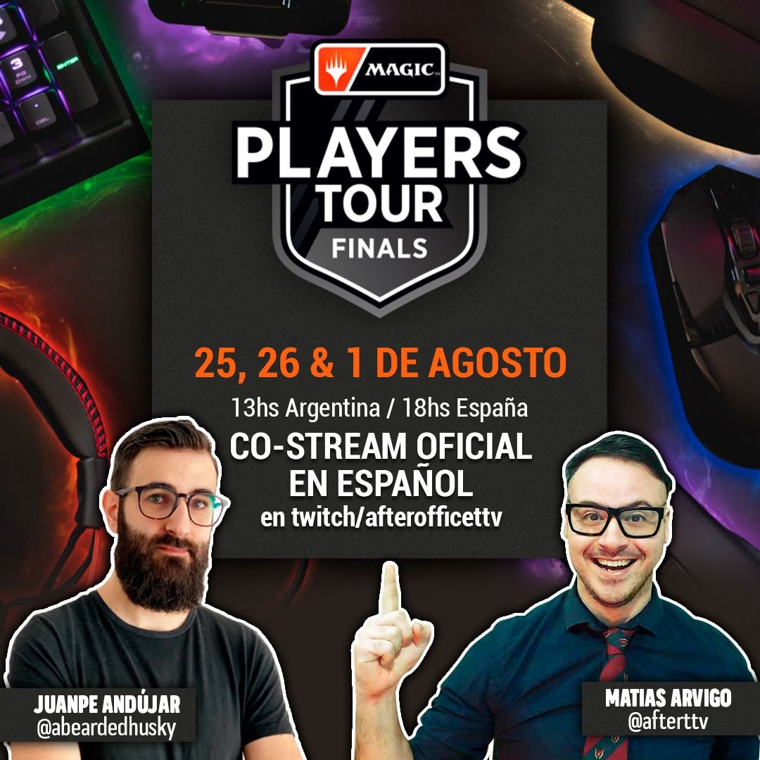 ScryFive's tweet image. Este Sábado 25 comienza el Players Tour Finals, ¡Y tendremos Cobertura Oficial en Español! En México la transmisión iniciará a las 11 hrs,
Sigue a @abeardedhusky y @AfterTtv para más información.

@wizards_magic @wizards_magicES @Magic_LATAM #PTFinals