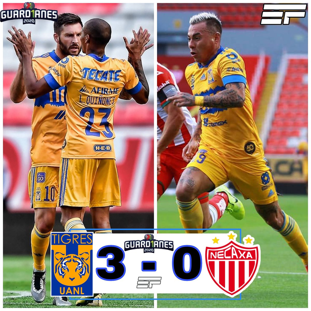 EscuadraFut's tweet photo. Victoria de tigres ante Necaxa, con doblete del francés @10APG Y @eduvargas_17 los tigres derrotan 3 goles por 0 a los rayos del necaxa⚽️🥅 https://t.co/8XevJxAH9Q