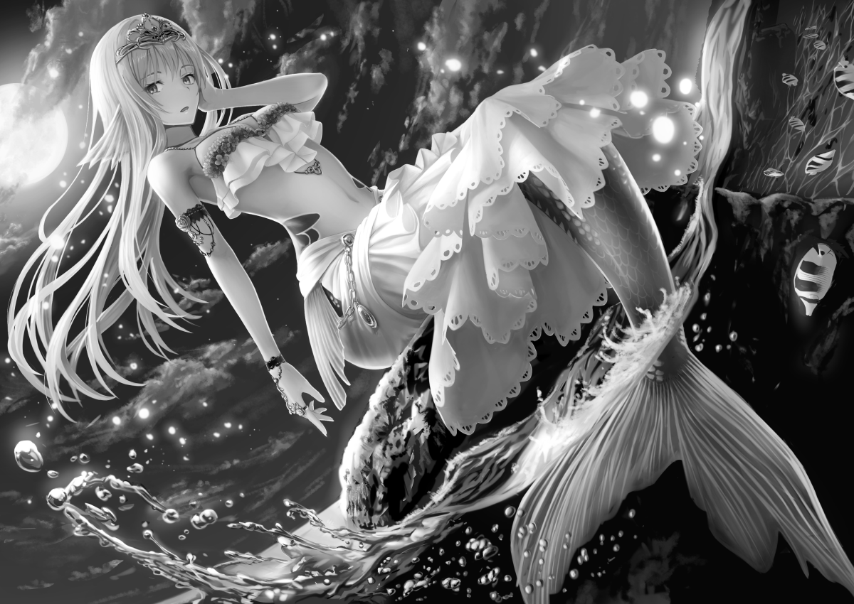 #絵をモノクロにするとかっこいい
人魚がかなりくっきりしてていい感じ。
これくらいハッキリ明暗分けた方が見栄えするみたいですね。
イルミネは昔の写真っぽい
