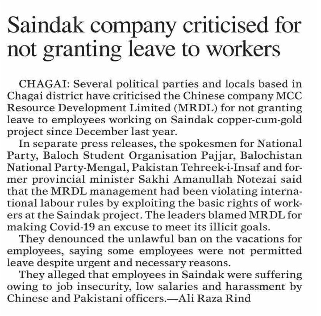 aliraza_rind's tweet photo. CHAGAI: Several political parties and locals based in #Chagai district have criticised the #Chinese company #MCC Resource Development Limited (#MRDL) for not granting leave to employees working on #Saindak copper-cum-gold project since December last year.
https://t.co/vsvdBMq3fP https://t.co/6EisjW07yy