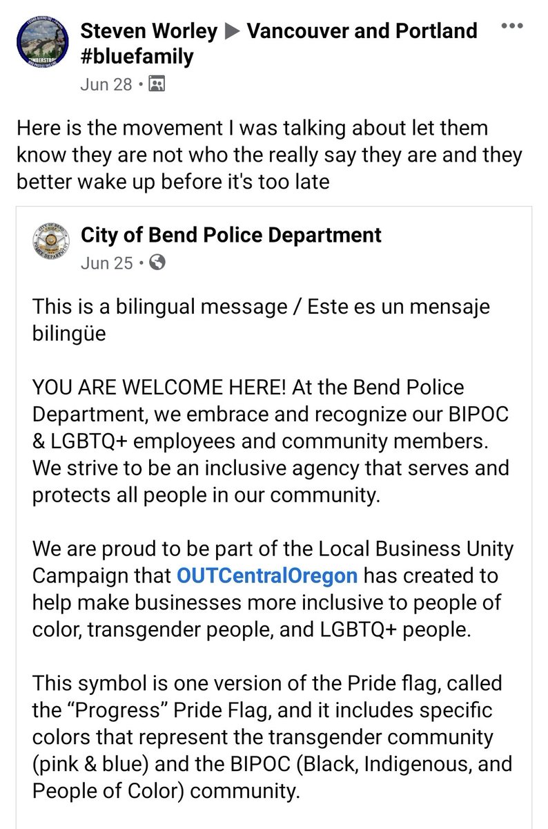 3/Steve Worley which helps admin "Cops NW: Community of PoliceSupports" FB group with the Price family and boosted by  @LarsLarsonShow. Worley condemned Bend police for supporting LGBTQ community.
