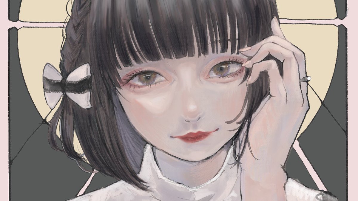 1girl solo black hair bow bangs black bow looking at viewer  illustration images