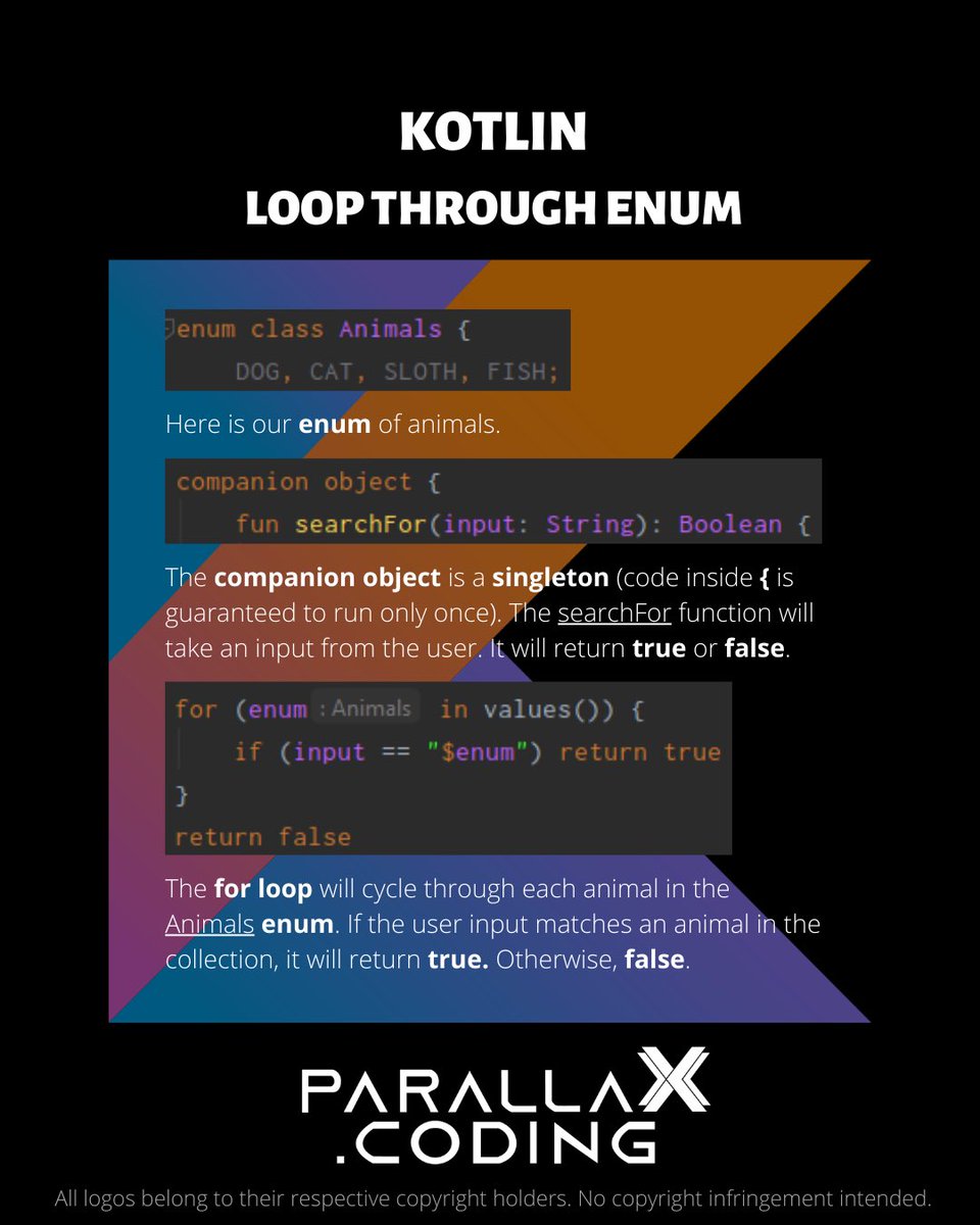 parallaXcoding's tweet image. Kotlin: Loop Through An Enum Class, 𝙃𝙖𝙣𝙙𝙢𝙖𝙙𝙚 𝙛𝙤𝙧 𝙮𝙤𝙪 𝙗𝙮 𝙥𝙖𝙧𝙖𝙡𝙡𝙖𝙓.𝙘𝙤𝙙𝙞𝙣𝙜 #app #mobile #coding #android #ios #dev #developer #programming #programmer #code #computer #kotlin #java #100DaysOfCode #software #softwaredeveloper #google #LearnToCode #learn