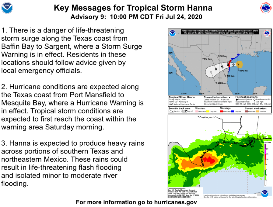 NHC_Atlantic's tweet photo. Hanna continues to strengthen over the northwestern Gulf of Mexico.  Here are the Key Messages.  For more details, see https://t.co/tW4KeFW0gB https://t.co/9GJ31FhOAn