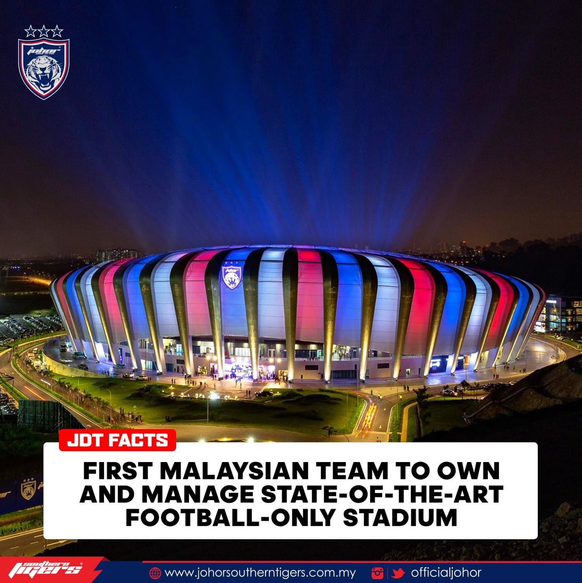 OfficialJohor's tweet photo. First Malaysian team to own and manage state-of-the-art football-only stadium.

Hidup Johor Demi Johor
#HarimauSelatan
#SouthernTigers
#PermataSelatan
#JewelOfTheSouth
#JDTuntukSemua
#JDTforAll https://t.co/Fwm2mOLcui
