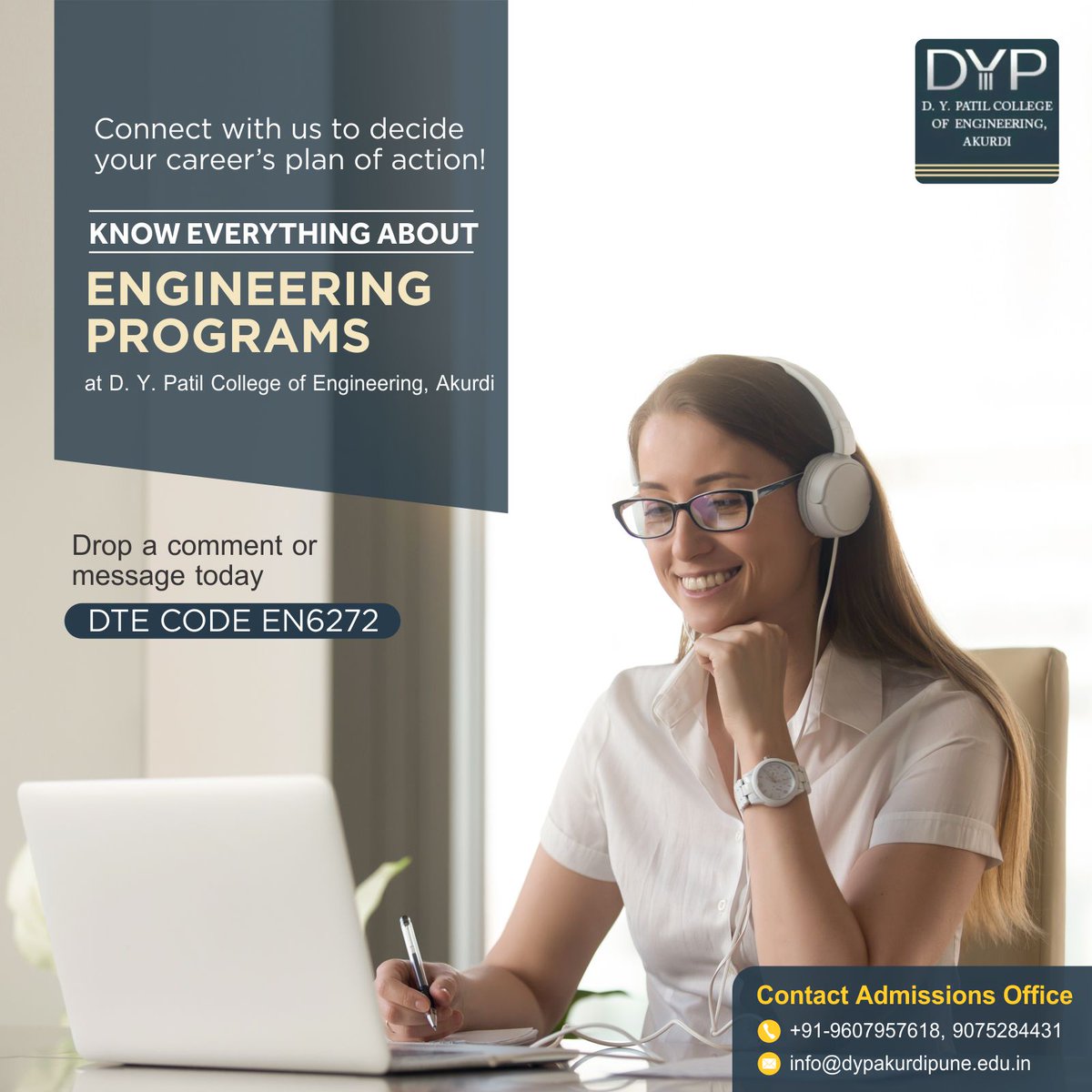 DYPCOE_AKURDI's tweet photo. Here’s your chance to utilize your time to explore various #career options. Get all the information on various #Engineering programs from #DYPCOE. Drop your questions and you will hear from our councilors soon!
Visit: https://t.co/gpfHMlSlLX
#ApplyNow #DYPatilPratishthan #Career https://t.co/hgj2R4F09V