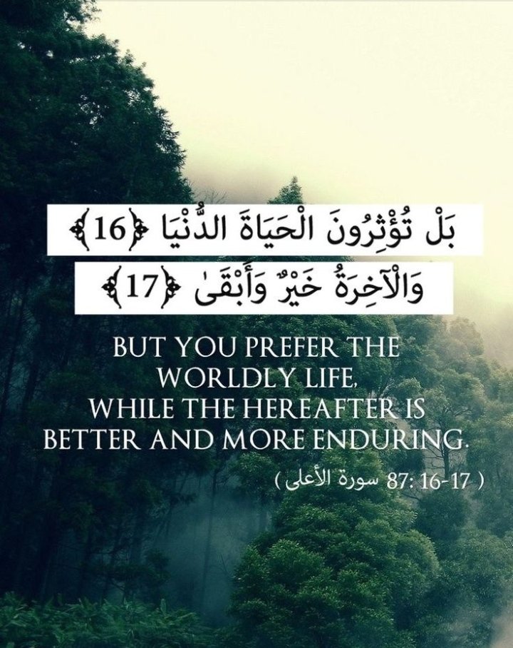 WeTrueMuslims's tweet photo. BUT YOU PREFER THE WORDLY LIFE , WHILE THE HEREAFTER IS BETTER AND MORE ENDURING
(Al-Quran 87: 16-17)
#SaturdayThoughts 
#SaturdayMotivation https://t.co/ozjrLG0lfi