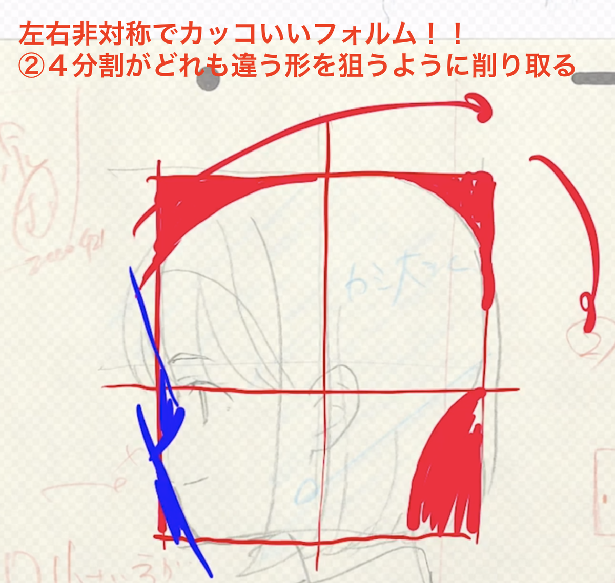 復習 横顔のシルエットの描き方 四角で区切り 上下左右を非対称にする 切り アニメ私塾の漫画 復習 横顔のシルエットの描き方 四角で区切り 上下左右を非対称にする 切り アニメ私塾の漫画