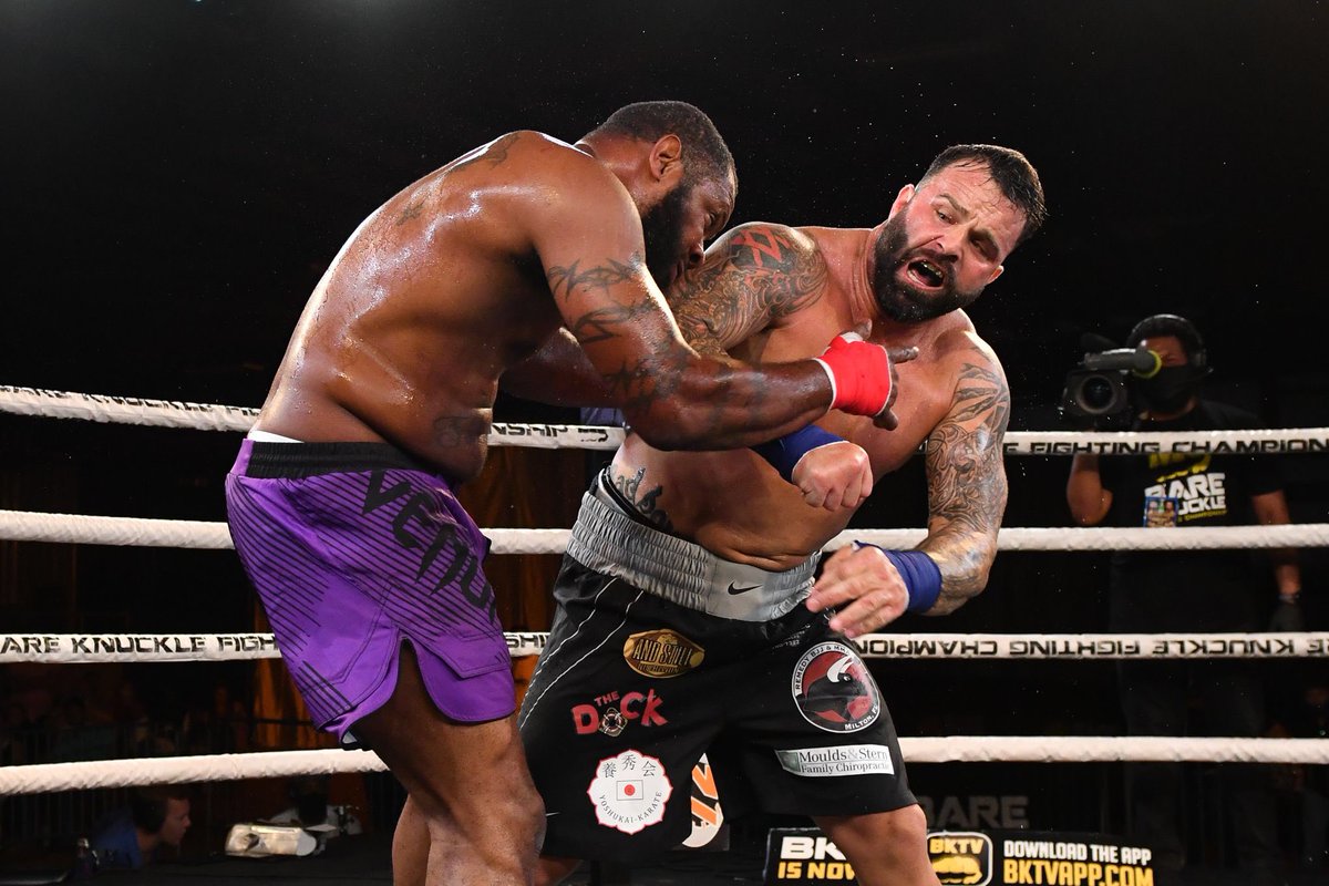 bareknucklefc's tweet photo. Dillon Clecker with the Knockout Win over Frank Tate in Round 3. Main Event up next Live and Free on the Bare Knuckle TV APP! #BKFC11 https://t.co/UYhXHBiQC7