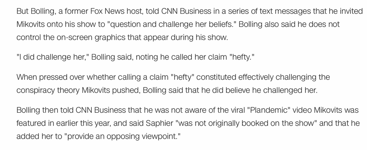 The segment is airing on  @ericbolling's Sinclair show. Bolling told me that he challenged his "Plandemic" guest, noting he called her claims "hefty" in the segment. When I asked whether that constitutes effectively challenging her, he said he felt he did.  https://www.cnn.com/2020/07/24/media/sinclair-fauci-conspiracy-bolling/index.html