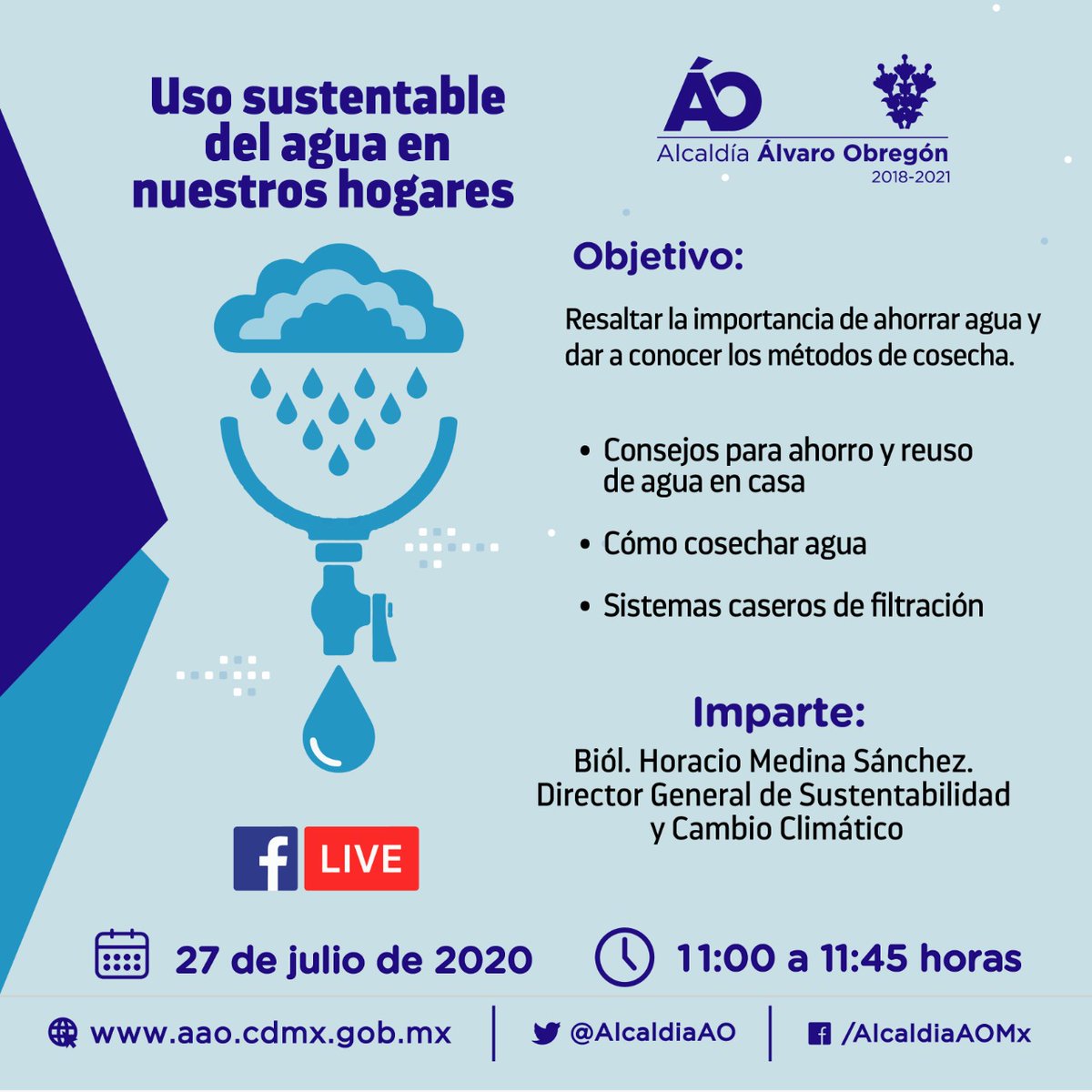¿Sabías que puedes cosechar agua? Te esperamos #EnVivo, este lunes 27 de julio a las 11 hrs. con toda la información para tener un uso responsable del agua en nuestros hogares. ¡No faltes! #AOSustentable #NoBajesLaGuardia.
📍Evento:
facebook.com/events/1680804…