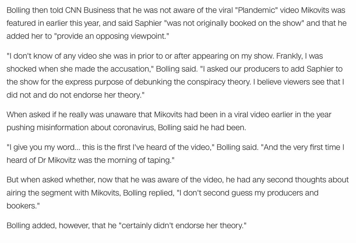 Sinclair's  @ericbolling told me that he was totally unaware that the guest he invited on his show had starred in the viral "Plandemic" video pushing coronavirus misinfo. He said he doesn't "endorse her theory" but will still air the segment.  https://www.cnn.com/2020/07/24/media/sinclair-fauci-conspiracy-bolling/index.html