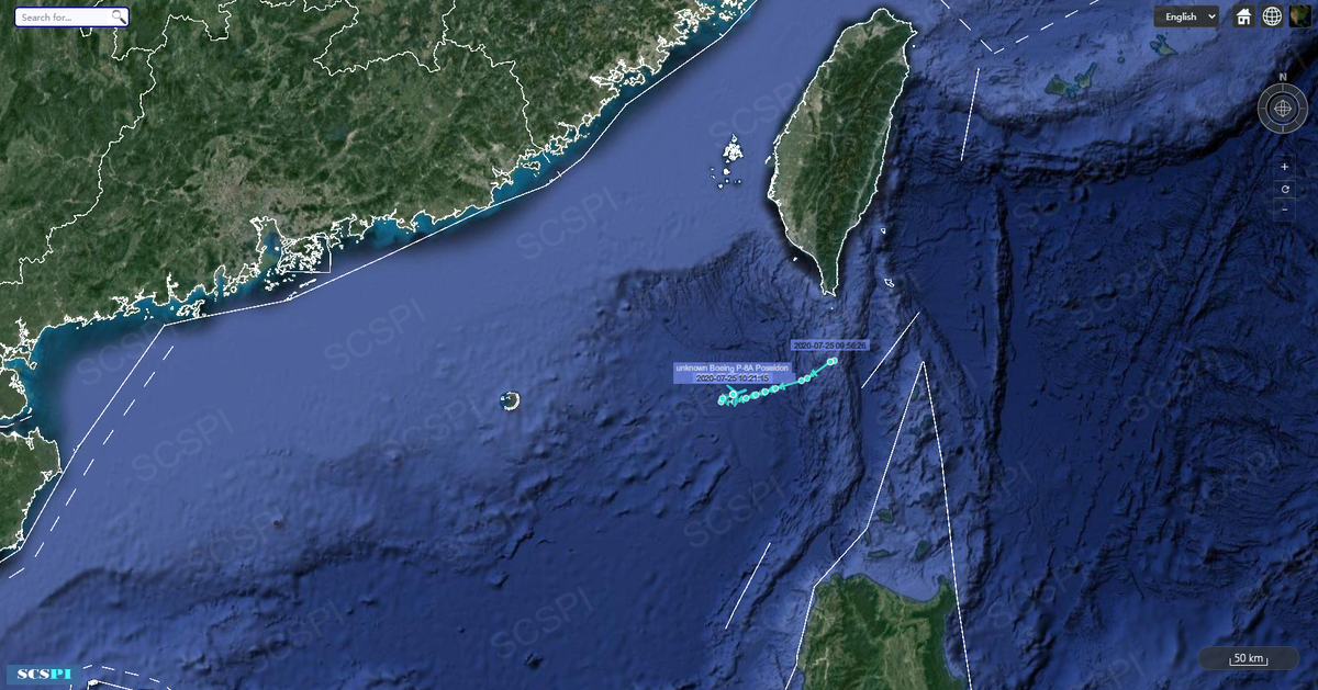 SCS_PI's tweet photo. 1 P-3C, 1 P-8A and 1 USAF KC-135T are patrolling the #SouthChinaSea. Of which, according to the flight path, the KC-135T is supposed to support some other US aircraft not being spotted. July 25. https://t.co/zABjcKoJTY