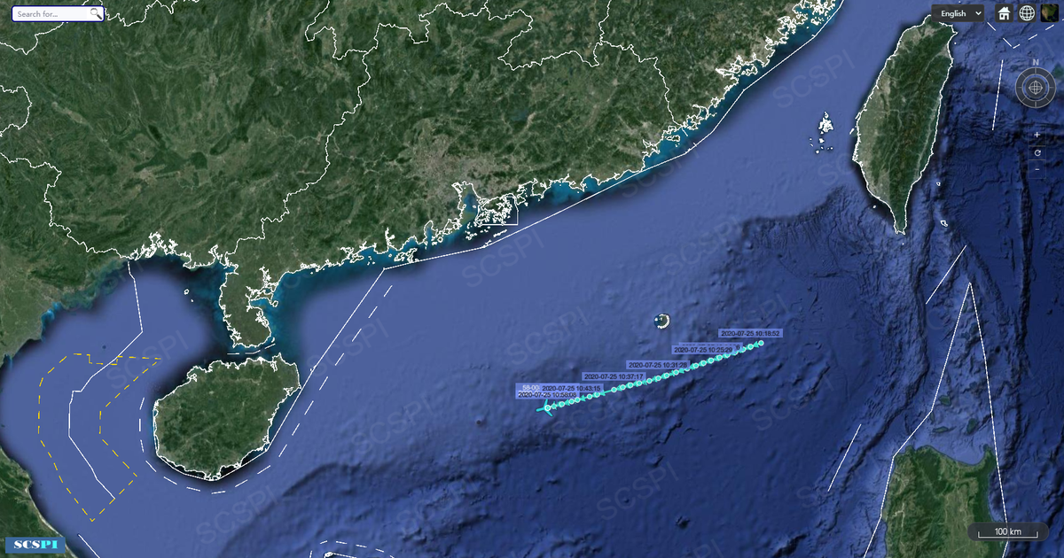SCS_PI's tweet photo. 1 P-3C, 1 P-8A and 1 USAF KC-135T are patrolling the #SouthChinaSea. Of which, according to the flight path, the KC-135T is supposed to support some other US aircraft not being spotted. July 25. https://t.co/zABjcKoJTY