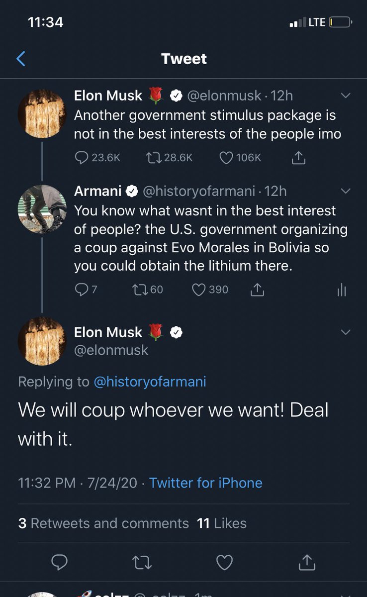 yea so Elon Musk just responded back to my tweet acknowledging his participation in overthrowing a democratically elected leader for the countries resources! Fuck this guy!