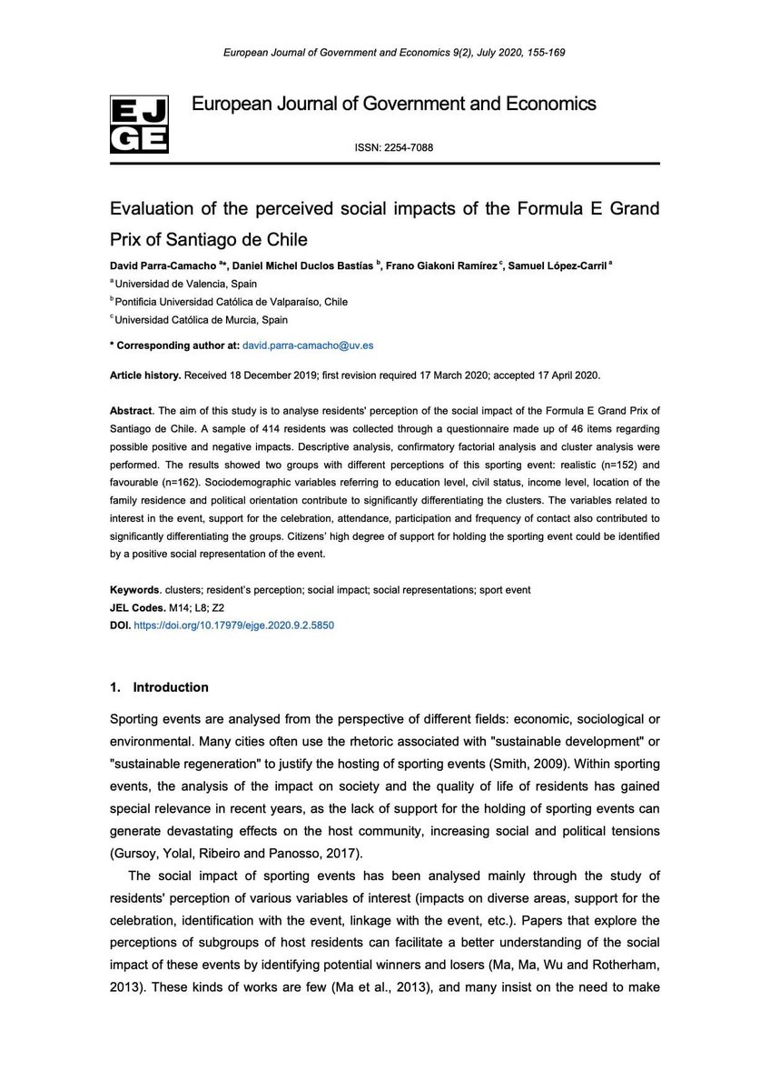 NUEVA PUBLICACIÓN
De nuestros investigadores <a href="/danielduclosb/">Daniel Duclos Bastías</a> y @franogiakoni
"Evaluation of the perceived social impacts of the Formula E Grand Prix of Santiago de Chile"

researchgate.net/publication/34…