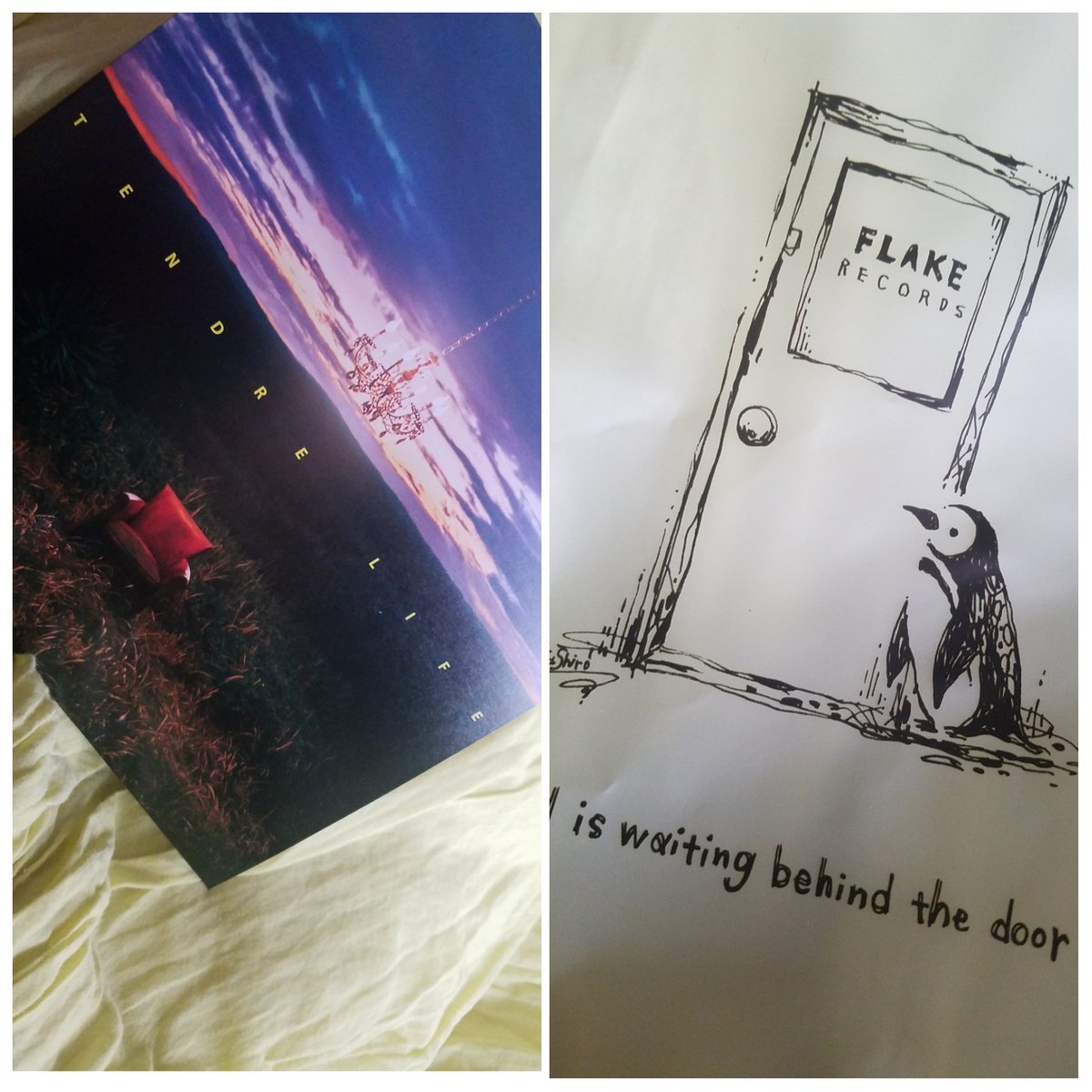 Asako39020518's tweet photo. タローさんの7inc、発売日の今朝届いた♪予約したFLAKE RECORDSさんめっちゃメールも早かったし素敵♪
ショッパーのイラストも、タローさんのお部屋にいるペンギン🐧みたい❤
#Tendre 
#lifehope
#7インチ https://t.co/fc6xkPRAiE