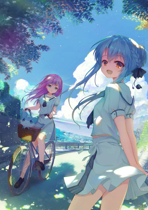 夏といえばやはり清涼感ですね。藍蒼姉妹が大好きです、はじめてクルーな色調を試みました。#サマポケ応援 #サマポケ #空門蒼 #空門藍 