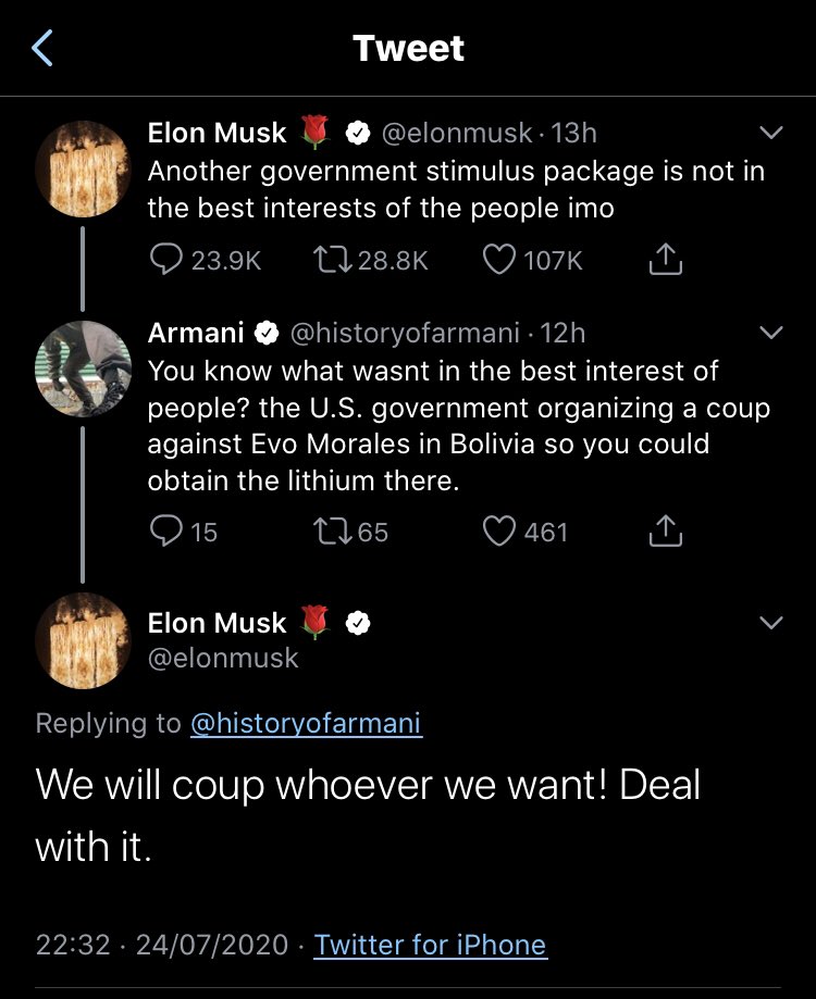 This is just upsetting.  https://twitter.com/elonmusk/status/1286866843307737088