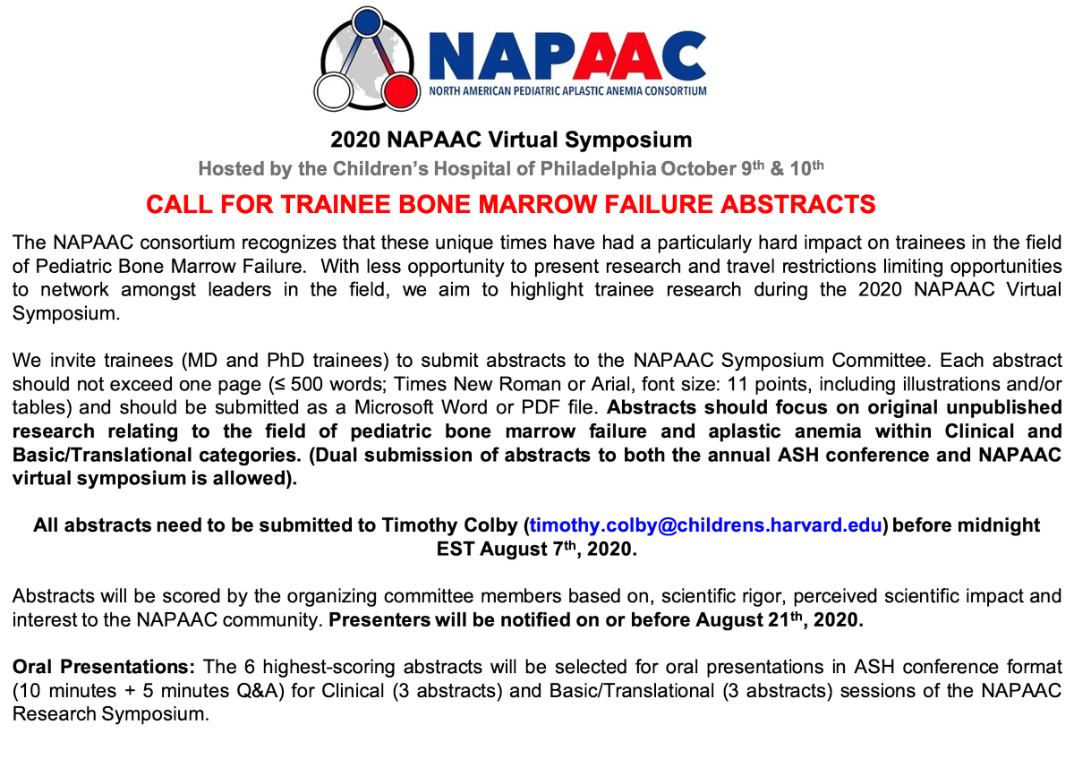 NucleatedRBC's tweet photo. #NAPAAC 2020 Virtual Symposium: Call For Trainee #BMF Abstracts. Great opportunity for MD and PhD trainees to present research and network amongst leaders in the field of pediatric BMF. Hosted by @ChildrensPhila. Submission deadline is rapidly approaching! https://t.co/BEyxekXMrE